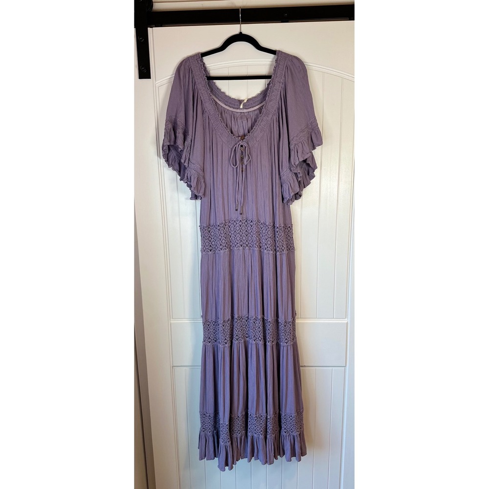 Free People Dream On Maxi Dress Dusty Lavender Purple Boho Lace Tiered Medium - Picture 5 of 9